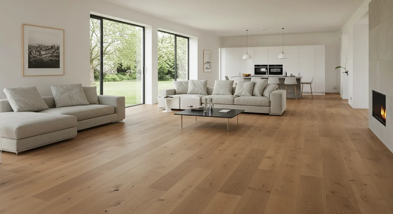 Modern wide-plank engineered hardwood flooring in oak finish—luxury NRI flooring material for farmhouse interiors in Narasimukku, Coimbatore.